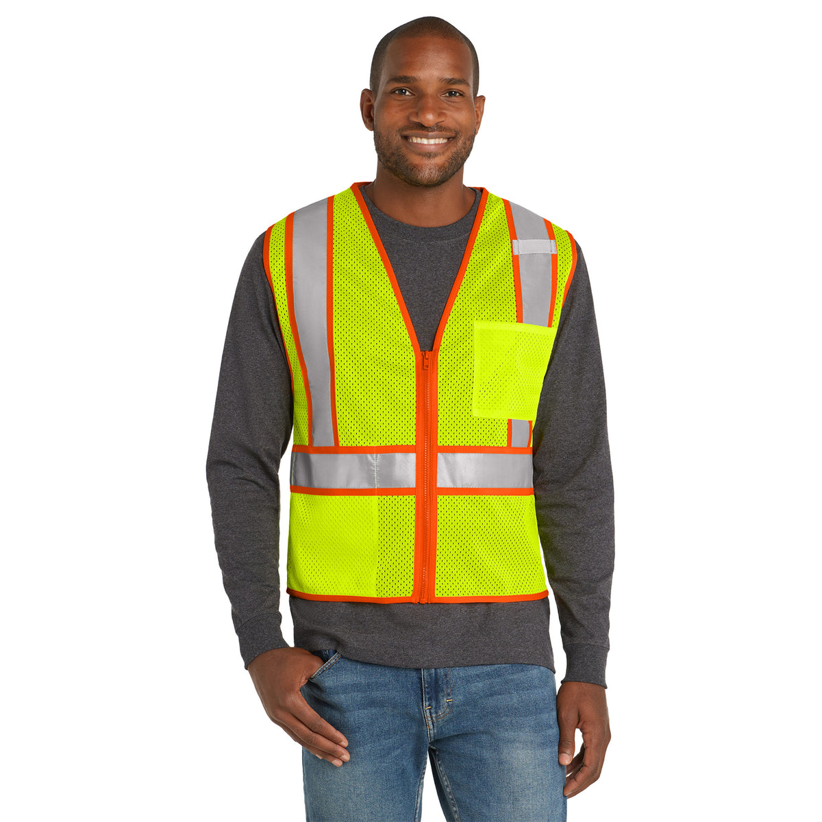 CornerStone CSV103 ANSI 107 Class 2 Two-Tone Zippered Mesh Safety Vest | Custom Logo Print
