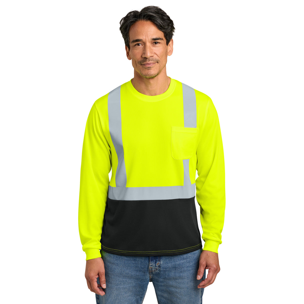 CornerStone CS207 ANSI 107 Class 2 Long Sleeve Mesh Blocked Safety T-Shirt | Custom DTF Print